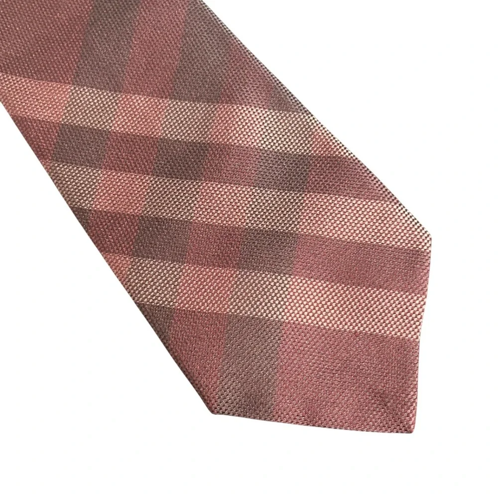 Burberry London Silk Tie Mens OS Burgundy Check Hand Made England Excellent